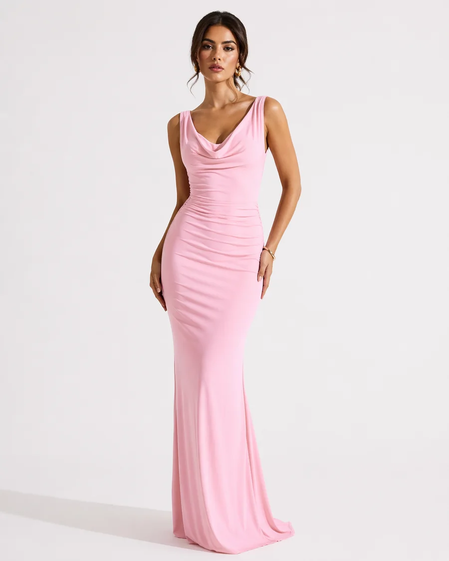 Ruched Cowl Neck Maxi Dress — Baby Pink